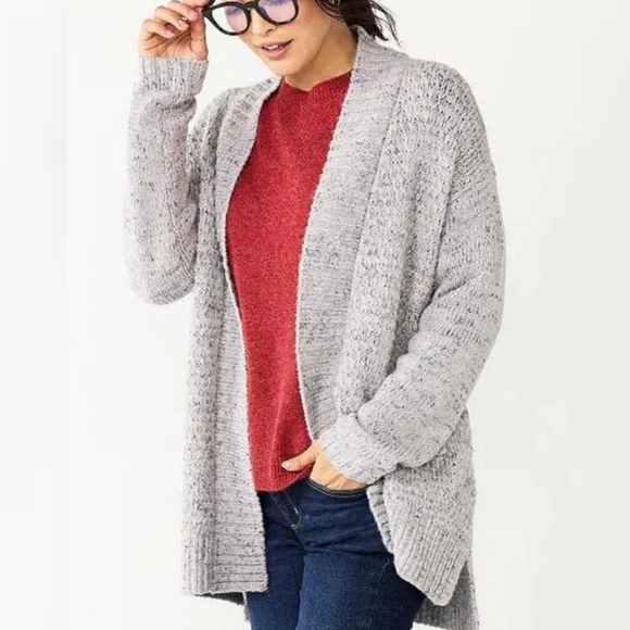 Sonoma Gray Metalic Open Front Sweater Cardigan (Womens Small) Cable Knit Long - Picture 1 of 9